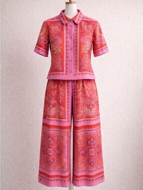 RACHEL Rachel Roy Pink Paisley Button/Wide-Leg Two-Piece Set